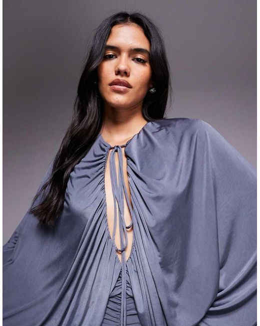 ASOS Blue Slinky Winged Sleeve Ruched Maxi Dress