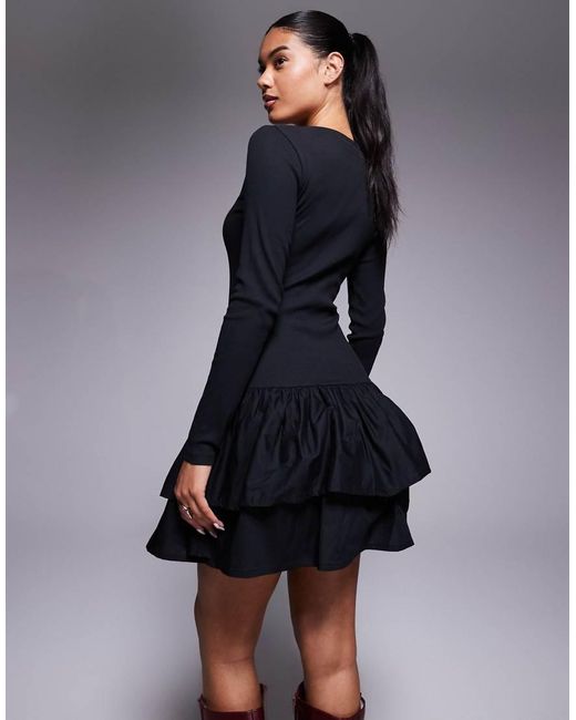 ASOS Blue Ribbed Mini Dress With Woven Skirt