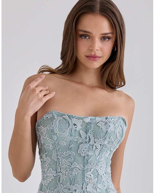 House Of Cb Blue Anisa Jade Hand Beaded Embellished Strapless Maxi Dress