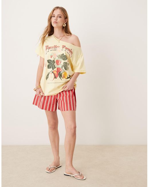 ASOS Natural Oversized Off Shoulder T-shirt With Fruit Graphic