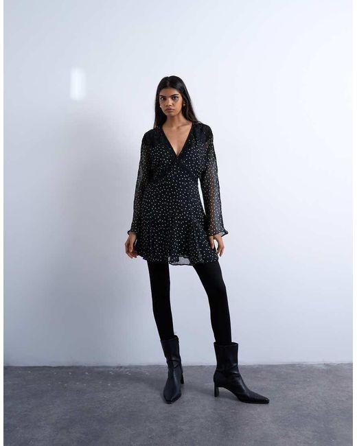 TOPSHOP Multicolor Longsleeve Lace Trim Mini Tea Dress