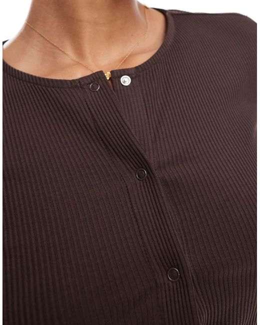 Vila Brown Long Sleeve Lettuce Edge T-shirt With Popper Front