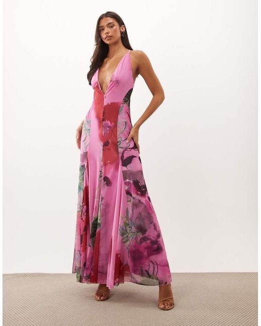 ASOS Pink Printed Mesh Plunge Maxi Dress