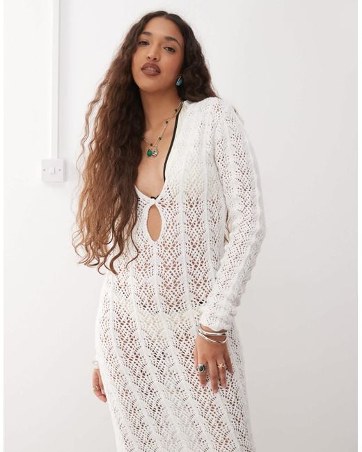 Lioness Natural Soiree Plunge Neck Keyhole Detail Crochet Beach Midaxi Dress