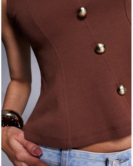 ASOS Brown Ponte Cinch Waist Square Neck Button Down Top
