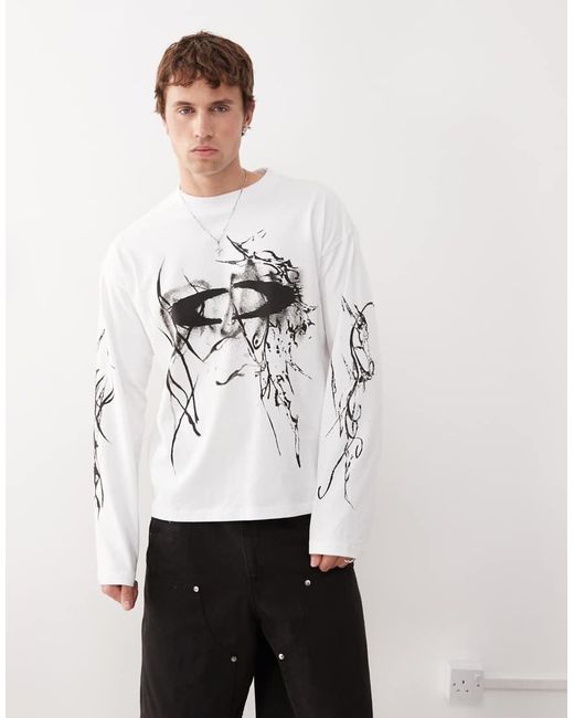 Weekday White Great Boxy Fit Long Sleeve T-shirt With Graphic Prints for men