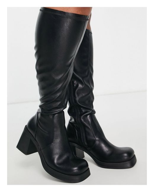 ASOS Curve Catch Mid Heel Sock Knee Boots in Black Lyst