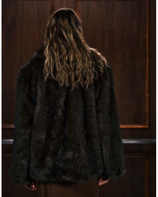 Monki Black Oversized Short Faux Fur Coat With Collar Detail