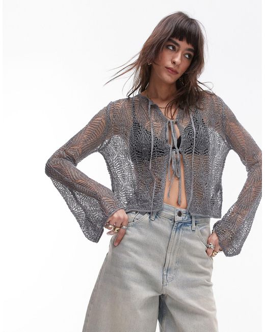TOPSHOP Gray Knitted Tie Front Cardi