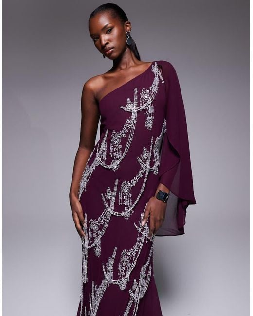 ASOS Purple Fringe Embellished Bias Cut Maxi Dress With Cape Sleeve