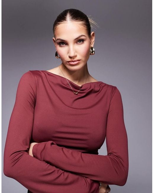 ASOS Red Slash Neck Cowl Mini Dress With Flute Sleeve
