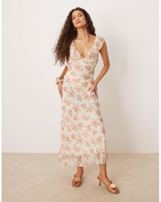 Mango Natural V Neck Ruffle Detail Midaxi Dress