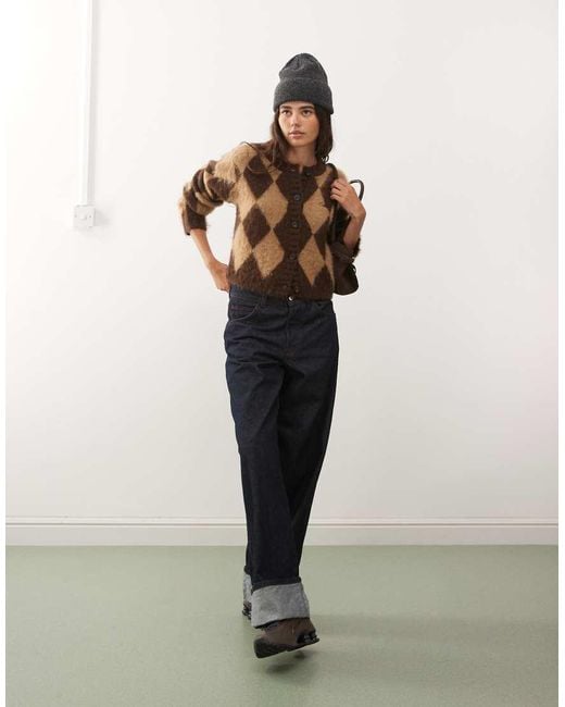 Collusion Green Argyle Knit Fluffy Cardi