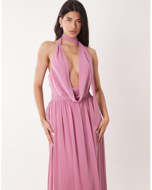 Aria Cove Pink Chiffon Deep Plunge Cowl Neck Wrap Scarf Detail Maxi Dress