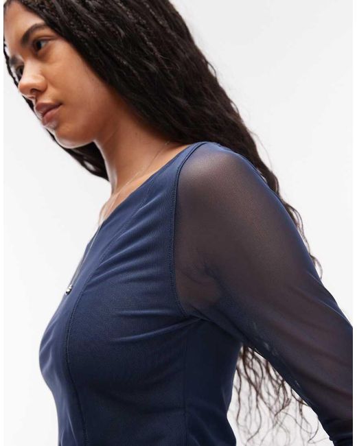 ASOS Blue Mesh Boat Neck Long Sleeve Top
