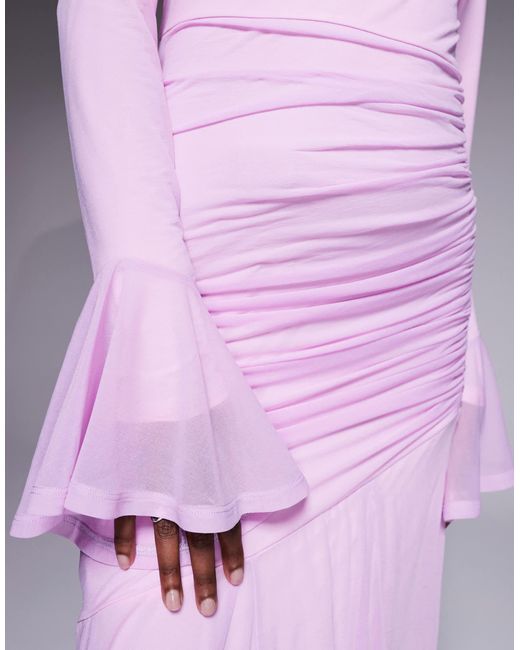 ASOS Purple Stretch Chiffon Ruched Draped Waist Maxi Dress With Fluted Sleeve