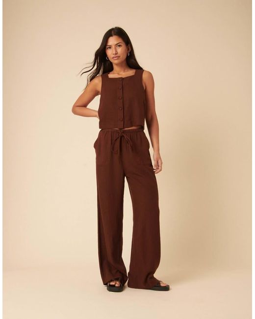 Nobody's Child Brown Linen-Blend Button Front Top