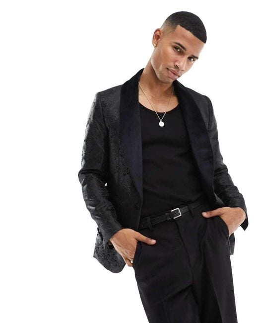 Gianni Feraud Black Skinny Paisley Suit Jacket With Velvet Lapel for men