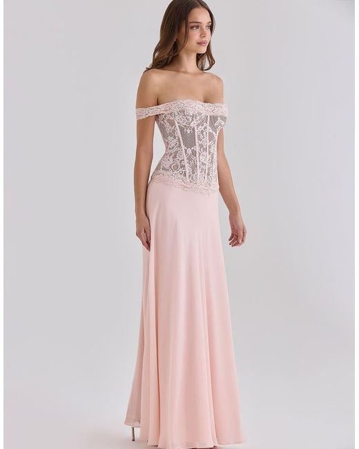 House Of Cb Pink Nerina Lace + Georgette Corset Maxi Dress