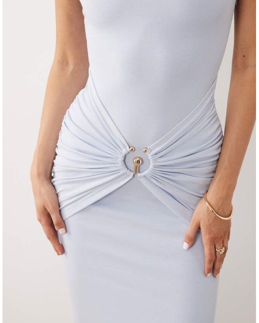Ruched & Ready White Halterneck Scoop Neck Gathered Waist Metal Hardware Detail Maxi Dress