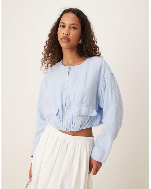 Mango White Linen Cropped Utility Jacket