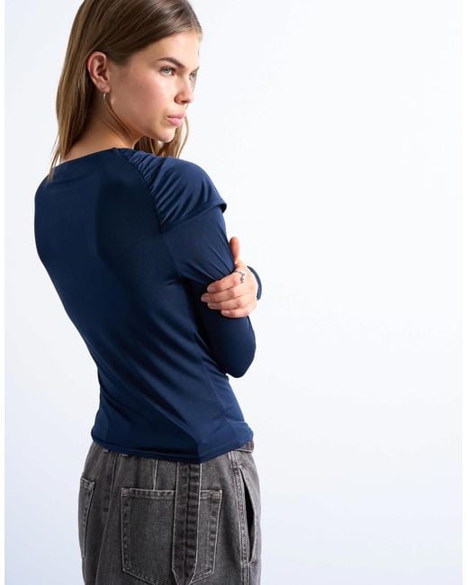 TOPSHOP Blue Microfibre Draped Long Sleeve Top