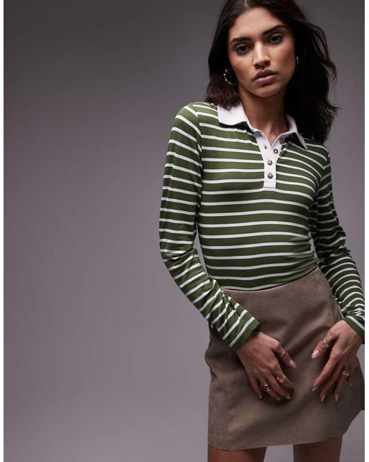 Top Stile Rugby Attillato A Maniche Lunghe Oliva A Righe di TOPSHOP in Green