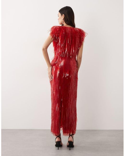 ARRANGE Red All Over Shard Sequin Strong Shoulder Maxi Dress