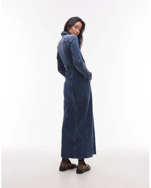 TOPSHOP Blue Denim Long Sleeve Maxi Dress With Cinch Adjuster