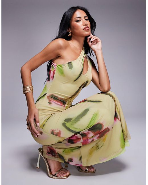 Robe mi-longue asymétrique en tulle à imprimé fleurs avec découpe ASOS en coloris Green