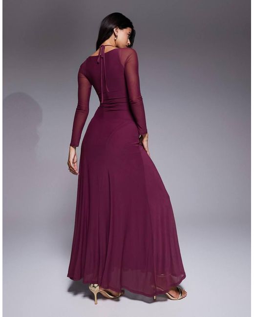 ASOS Purple Mesh Long Sleeve Maxi Dress With Exposed Seam Detail