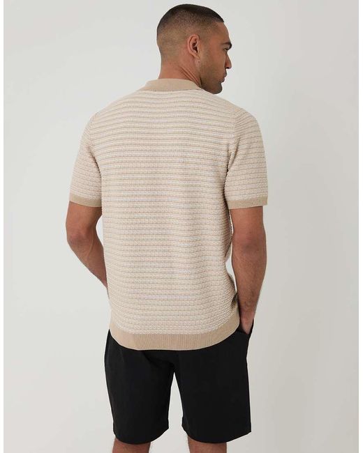 Threadbare Natural Textured Stripe Short Sleeve Knitted Polo for men