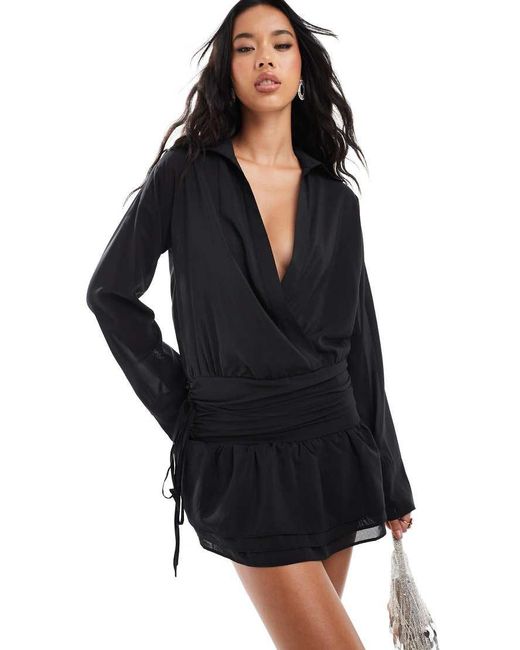 Kaiia Black Exclusive Plunge Neck Dropped Waist Ruffle Hem Mini Dress