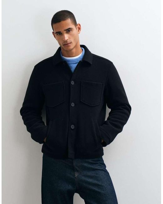 Threadbare Blue Faux Wool Collared Jacket With Patch Pockets for men