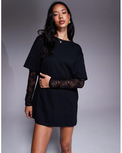 Fashionkilla Blue Exclusive Cotton Lace Sleeve Mini T-shirt Dress