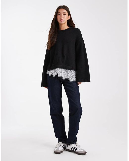 ASOS Black Knitted Fluffy Wide Sleeve Jumper With Lace Hem