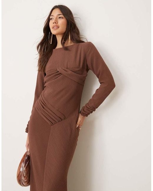 ASOS Brown Ruched Bust Crinkle Bias Maxi Dress With Gathers