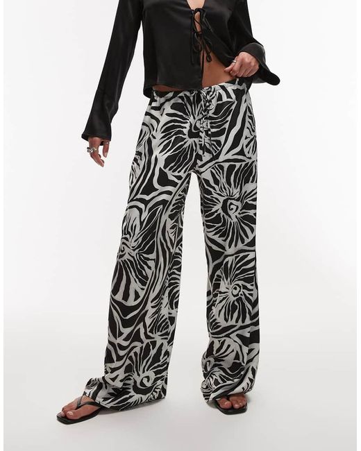 TOPSHOP Black Mono Abstract Shell Print Satin Drawcord Trousers