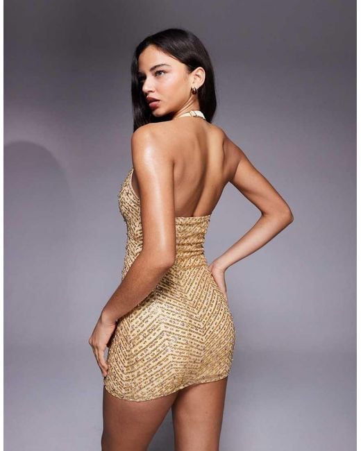 Oh Polly Natural Glitter Embellished Halter Neck Bodycon Mini Dress