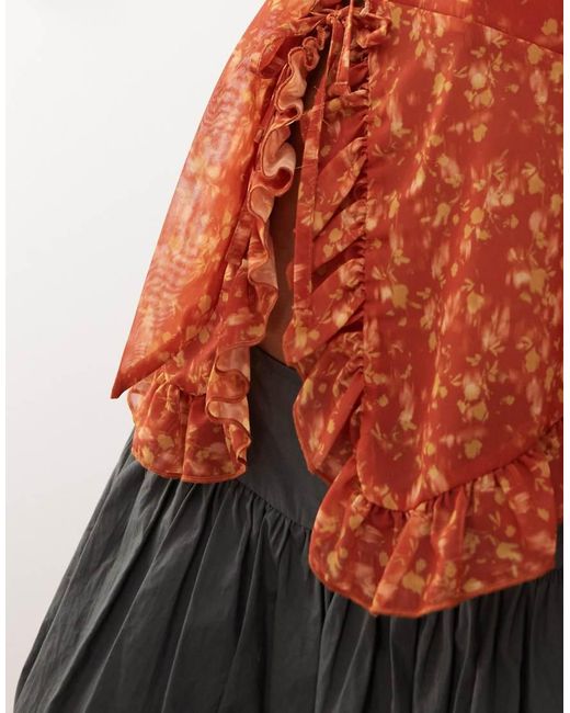 Reclaimed Vintage Brown Chiffon Floral Print Ruffle Tie Front Blouse With Matching Scarf
