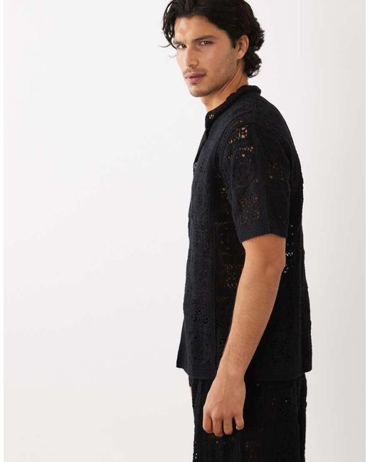 ASOS Black Relaxed Short Sleeve Knitted Crochet Button Through Revere Shirt for men