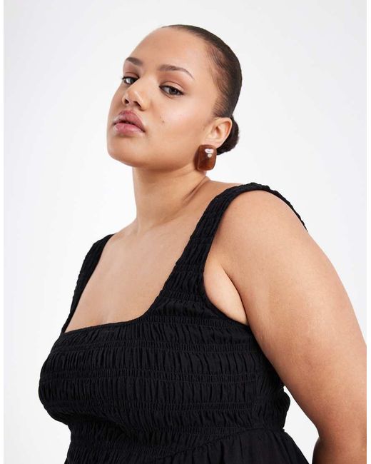 ASOS Black Asos Design Curve Selina Beach Textured Cotton Shirred Mini Sundress