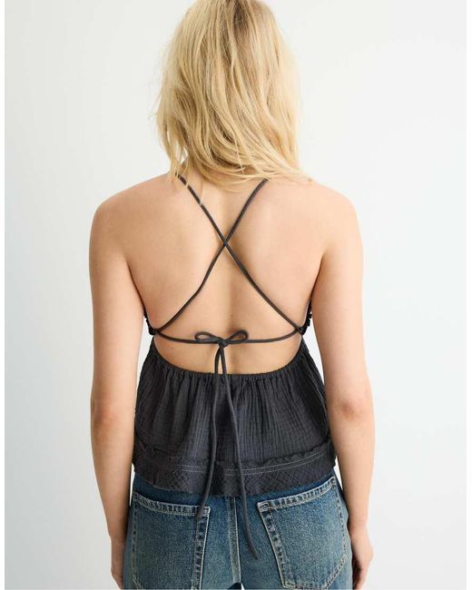 Stradivarius Blue Ruffled Top With Beads