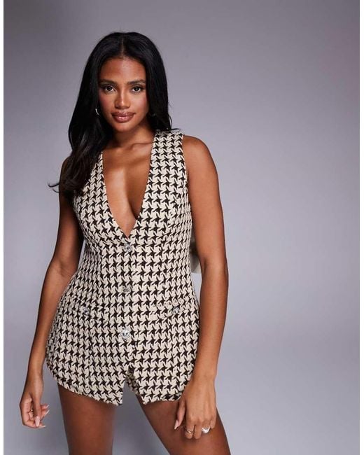 ASOS Bouclé Gilet Met Pied-De-Poule Motief, Versierde Knopen En Strik Aan De Achterkant in het Brown