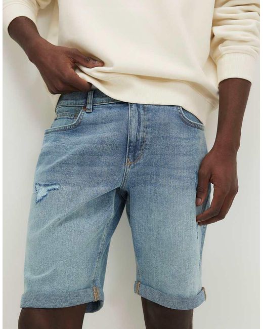 River Island Blue Slim Fit Ripped Denim Shorts for men