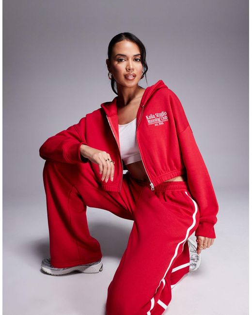 Kaiia Red Cotton Blend Studio Running Club Cropped Zip Up Hoodie Co-ord