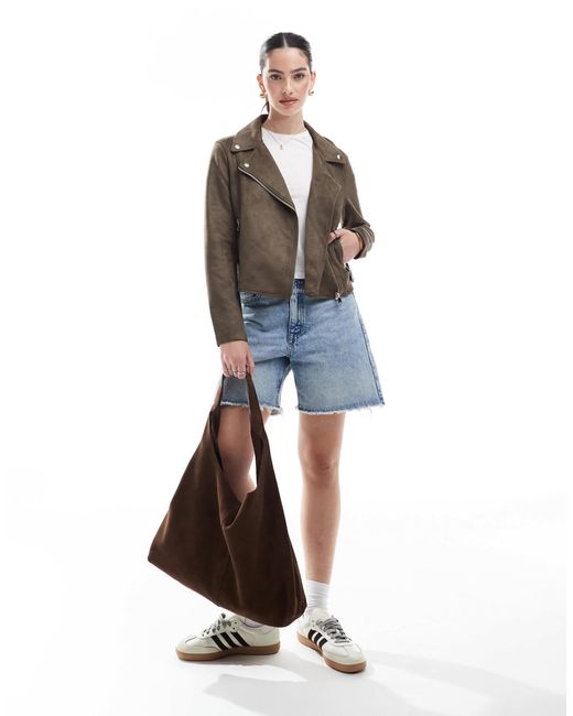 Vero Moda Blue Faux Leather Biker Jacket With Washed Effect