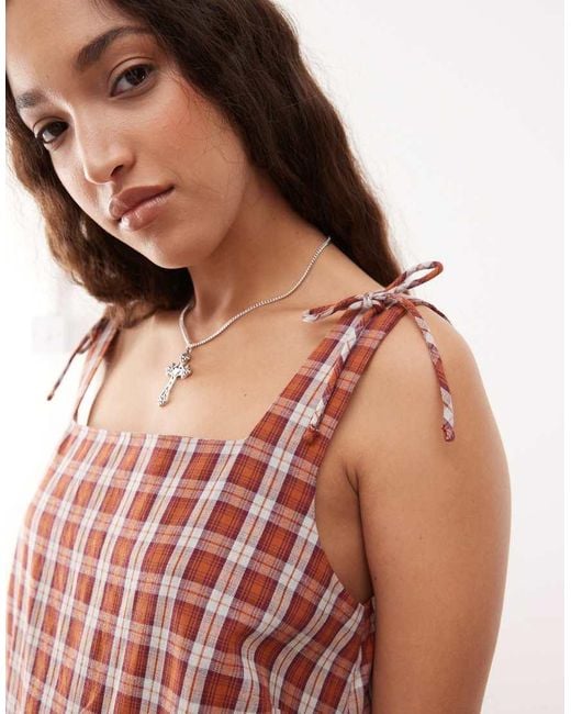Collusion Red Square Neck Check Babydoll Mini Dress