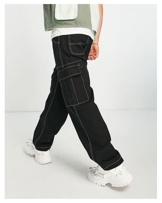Bershka Contrast Stitch Wide Fit Cargo Pants in Black for Men Lyst