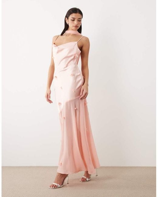 Gina Tricot Pink 3d Floral Cowl Neck Sheer Maxi Dress